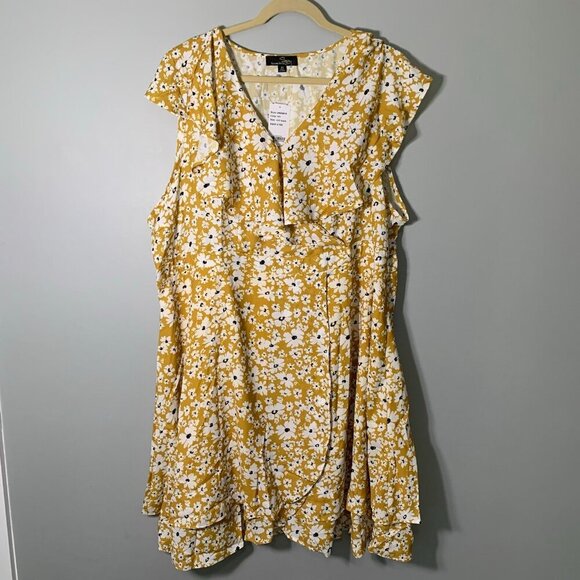 NEW Suzanne Betro yellow floral ruffle faux wrap knee length stretch dress - Picture 2 of 10
